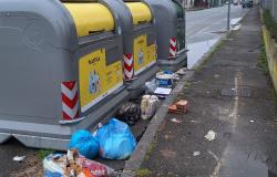 Tappeti di immondizia sotto ai bidoni di plastica e vetro