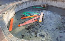 I listelli della staccionata dell'area giochi gettati nella fontana